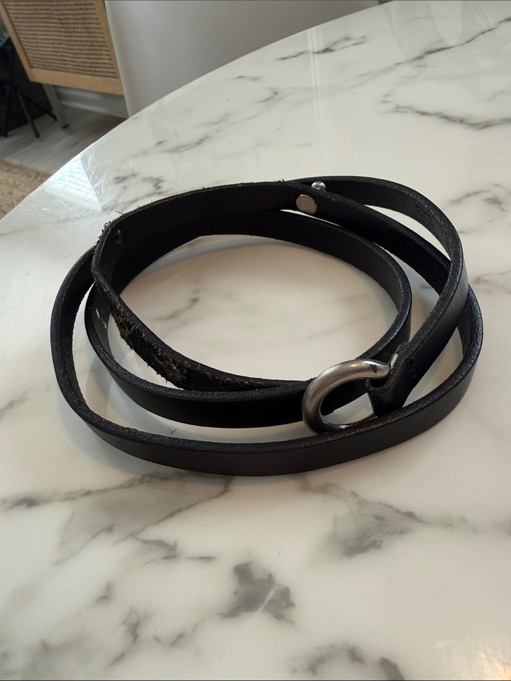 Simple Black Leather Wrap Belt with Silver Ring & Post